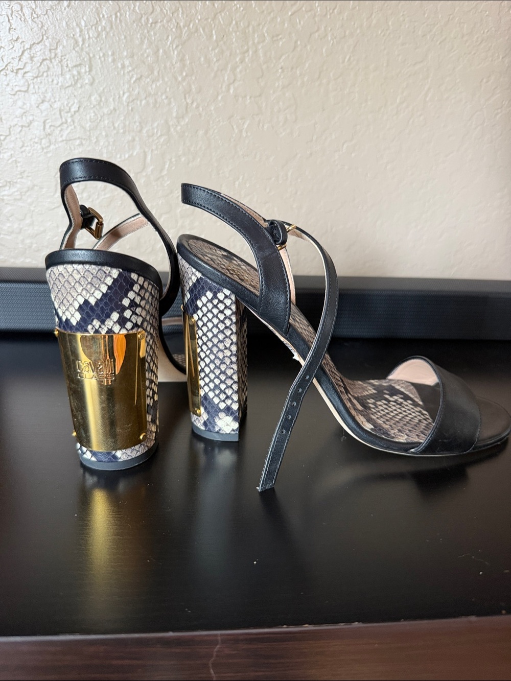 Cavalli Class Designer Black Snake-Print Heel Sandals with Gold Accent- New
